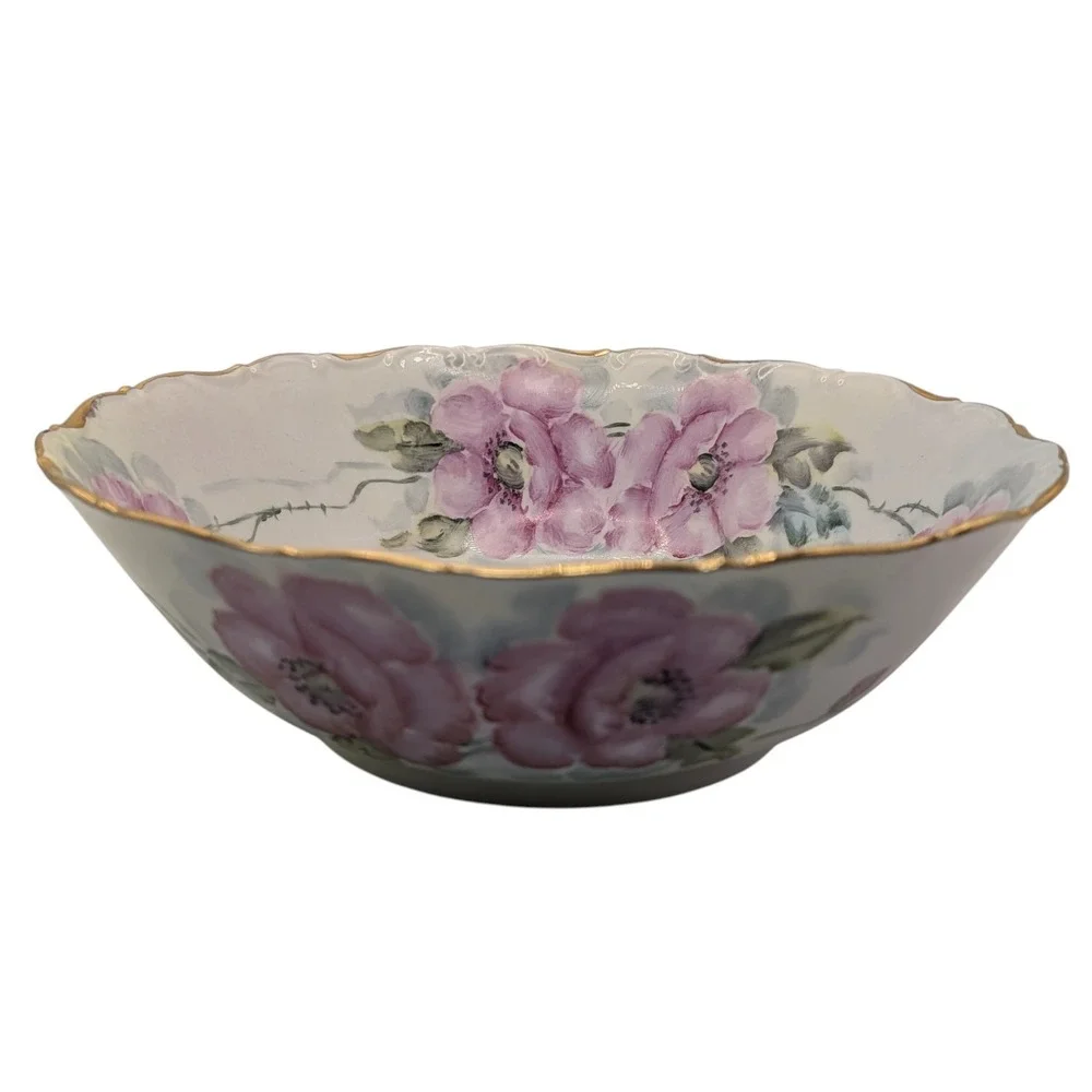 Vintage Seltmann Weiden Serving Bowl Green‎ Pink Floral Hand Painted Nine in SEE